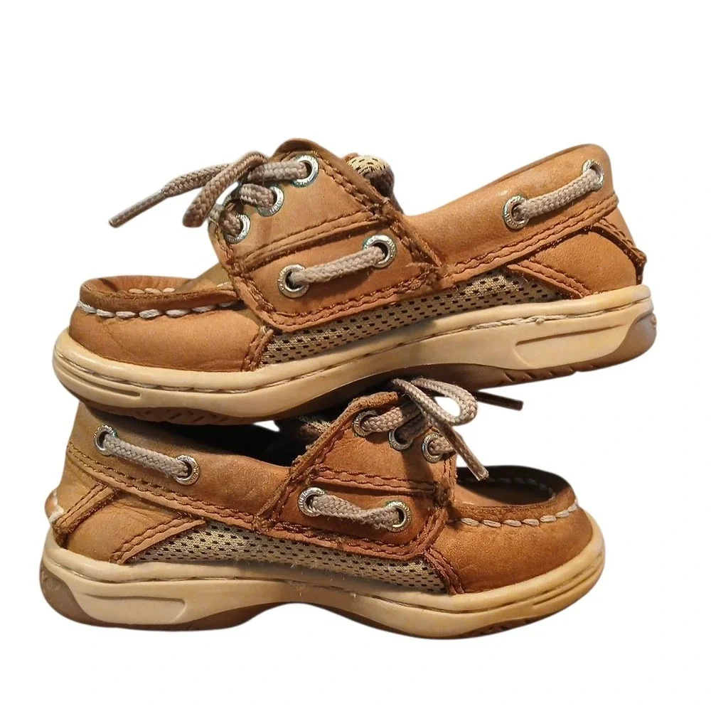 Sperry Toddler Boys Size 5M Top Sider Brown Leather Boat Shoes Hook & Loop Close